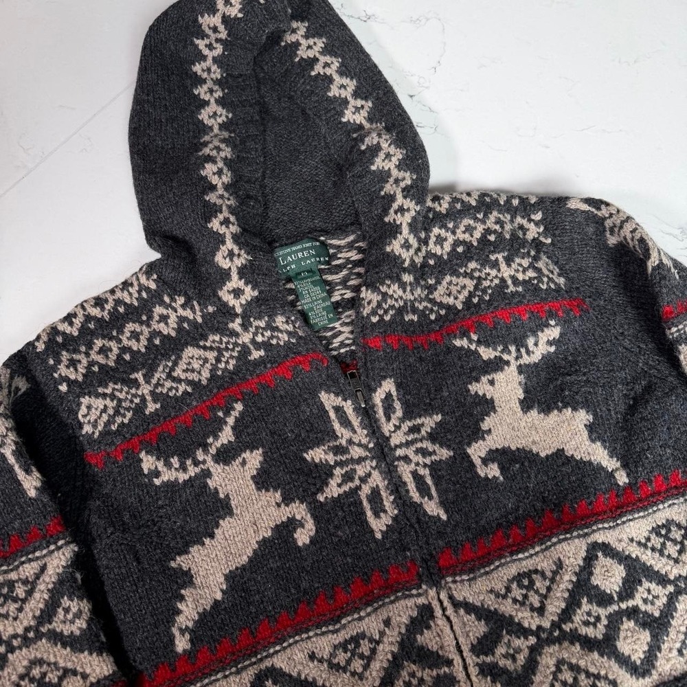 Lauren Ralph Lauren Hand Knit Alpaca Wool Hooded Sweater Jacket  M Reindeer  zip